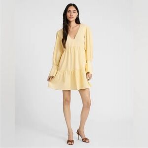 Summer Yellow V-Neck Lantern Tie Sleeve Tiered Mini Dress | Size XS 17 PTP
